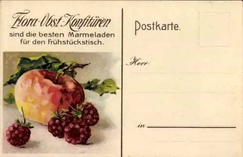 Ak Flora Obst Konfitüren, Reklame, Apfel, Himbeeren