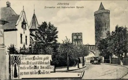 Ak Jüterbog in Brandenburg, Zinnaertor mit historischem Spruch