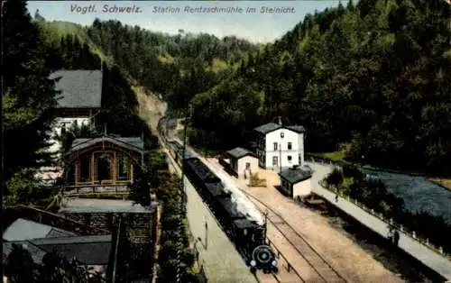 Ak Rentzschmühle Pöhl im Vogtland, Bahnhof, Steinicht, Eisenbahn