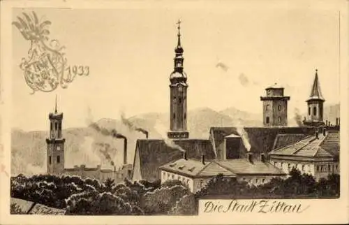 Künstler Ak Zittau in Sachsen, Teilansicht, Kirche, 1000 Jahre Oberlausitz, 1933