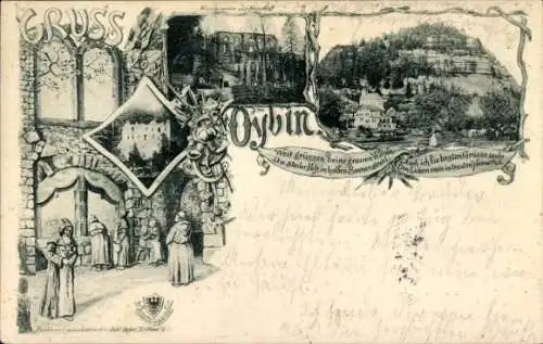 Ak Oybin in der Oberlausitz, Kirchruine, Mönche