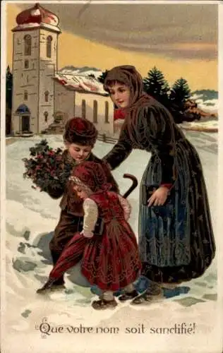 Präge Litho Mütter mit Kindern, Winter, Kirche