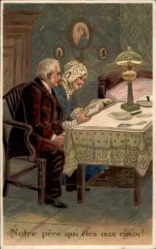 Präge Litho Frau und Mann beim Gebet