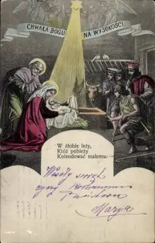 Ak Bethlehem Palästina, Weihnachtskrippe mit Maria, Josef, Ochs und Esel. Hirten und Engel sch...