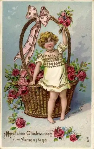 Glitzer Ak Glückwunsch Namenstag, Mädchen, Rosen