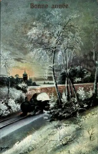 Künstler Ak Glückwunsch Neujahr, Eisenbahn