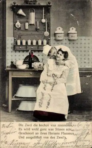 Ak Liebespaar als Köche verkleidet, Kuss