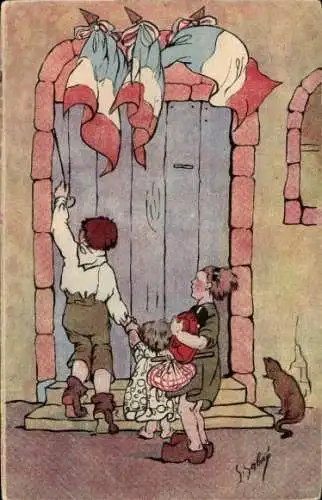 Künstler Ak Kinder stehen vor der Haustür, Französische Fahnen, Propaganda