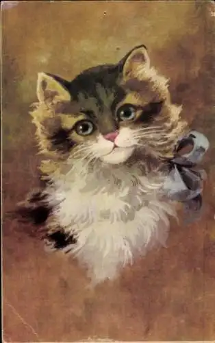 Ak Junge Katze mit blauer Schleife, Gemaltes Porträt