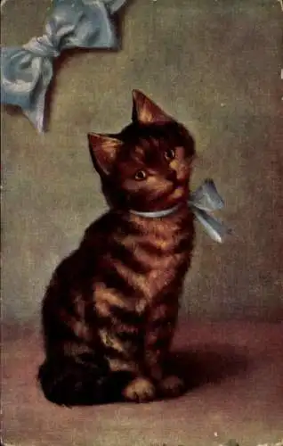 Ak Junge Katze mit blauer Schleife, Gemaltes Porträt