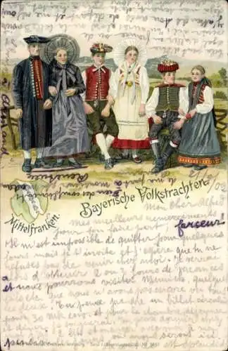 Litho Menschen in bayerischen Volkstrachten, Mittelfranken