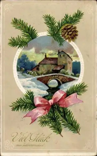 Präge Passepartout Ak Glückwunsch Neujahr, Dorfidyll, Tannenzweig