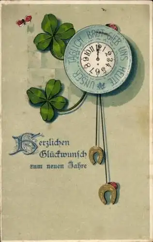 Litho Glückwunsch Neujahr, Klee, Uhr