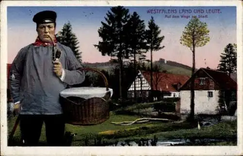 Ak Westfalens Land und Leute, Mann auf dem Weg zur Stadt, Pfeife, Tracht