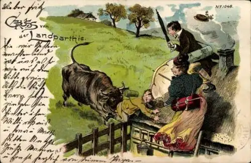 Litho Menschen auf dem Lande, Flucht vor einem Stier