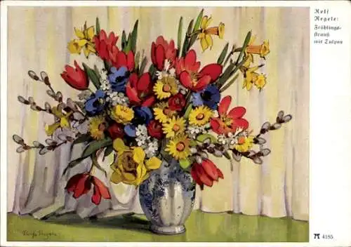 Künstler Ak Regele, R., Blumenstrauß, Frühlingsstrauß mit Tulpen