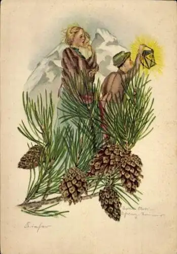 Künstler Ak Wanderer, Frau mit Kind, Junge mit Laterne, Tannenzweige, Tannenzapfen