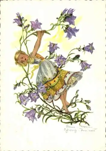 Künstler Ak Kleines Mädchen, Gemaltes Porträt, Blumen
