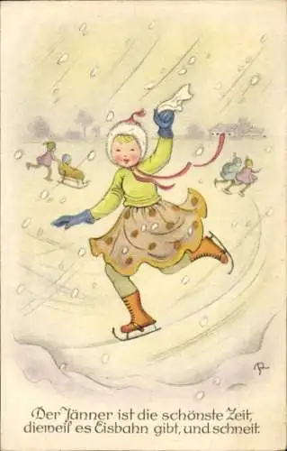 Künstler Ak Mädchen beim Schlittschuhlaufen, Schlitten