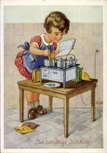 Künstler Ak Künftige Köchin, Mädchen beim Kochen