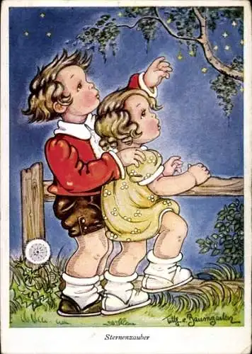 Künstler Ak Baumgarten, T. v., Sternenzauber, Kinder beobachten Himmel
