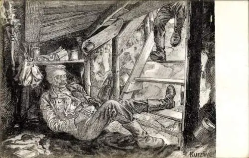 Künstler Ak Ein Schläfchen im Dachsbau, Soldaten, I WK