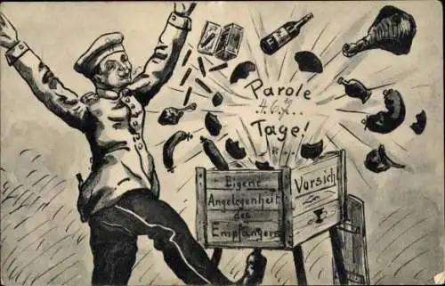 Ak Glücklicher Soldat mit Lebensmitteln, Zigarren und Alkohol.