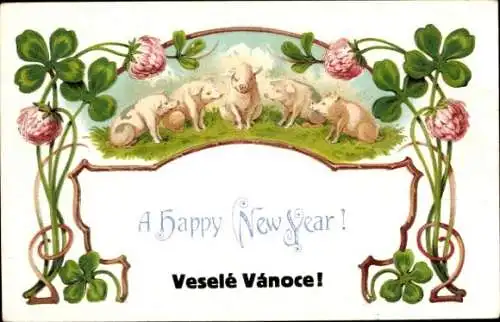 Präge Ak Glückwunsch Neujahr, Kleeblatt, Schweine
