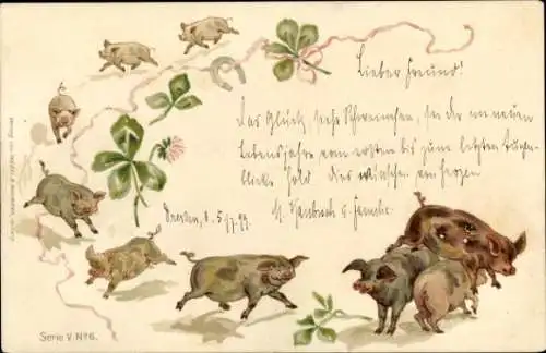 Präge Ak Glückwunsch Neujahr, Kleeblatt, Schweine