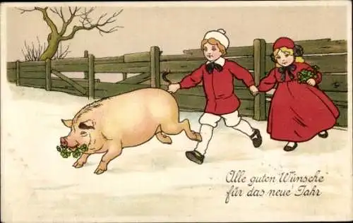 Ak Glückwunsch Neujahr, Kinder jagen ein Schwein, Glücksklee