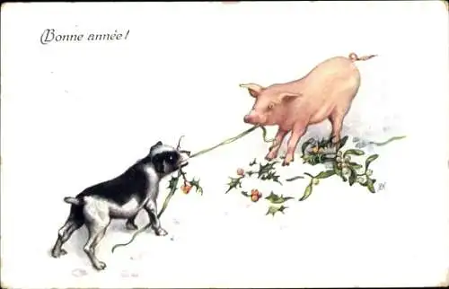 Ak Neujahr, Schwein, Hund