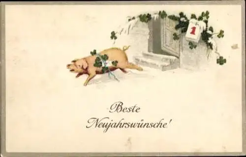 Ak Glückwunsch Neujahr, Schwein, Kalender, Glücksklee