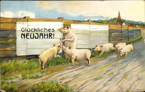 Ak Glückwunsch Neujahr, Schweine, Straße, Zaun