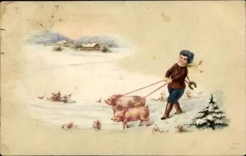 Ak Saarbrücken im Saarland, Ein Junge führt zwei Schweine an einer Leine durch eine verschneit...