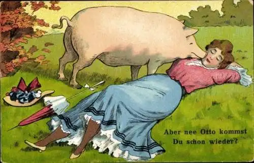 Ak Schwein weckt eine schlafende Frau, Du schon wieder?