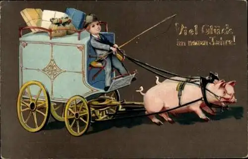 Ak Berlin Charlottenburg, Junge mit Hut kutschiert Schwein, das einen Wagen mit Geschenken zie...