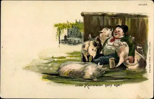 Ak Betrunkener Mann und Schweine, Unter Kameraden ganz egal