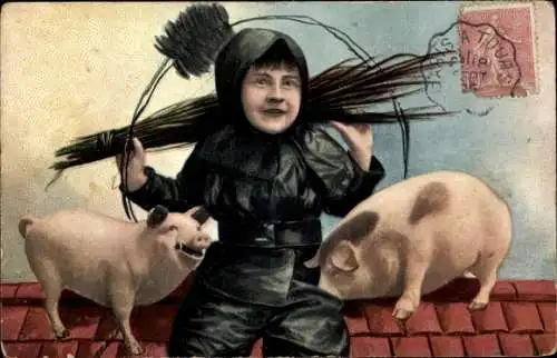 Ak Beaumont les Autels Eure et Loir, Schornsteinfeger mit zwei Schweinen auf dem Dach