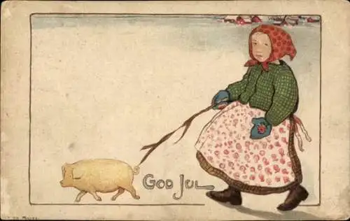 Ak Lund Schweden, Mädchen mit Schwein, Häuser im Hintergrund, verschneite Landschaft