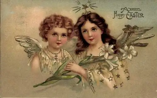 Ak Dresden Altfranken, Zwei Engel mit Heiligenschein Lilien und Palmzweigen