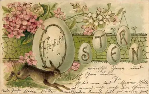 Ak Neuruppin in Brandenburg, Fröhliche Ostern, Osterhase mit Eiern und Blumen
