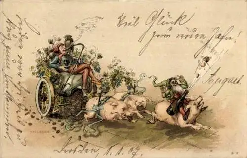 Ak Berlin Charlottenburg, Eine Personifikation des Jahres 1894 sitzt auf einem von Schweinen g...