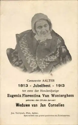 Ak Aeltre Aalter Ostflandern, Eugenia Florentina Van Wonterghem, geboren am 24. Januar, Witwe ...