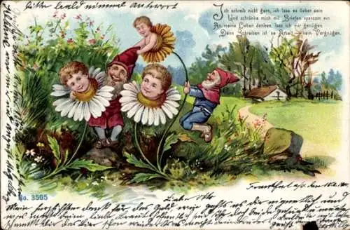 Ak Zwerge, Kinder-Porträts, Blumen, Wiese