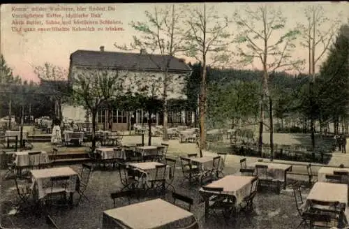 Ak Mariánské Lázně Marienbad Region Karlsbad, Café Maxthal, Tische im Freien, malerische Lands...