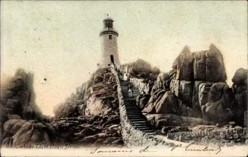 Ak Kanalinsel Jersey, Leuchtturm, Korbmauer, Felsen, Treppen, Strand