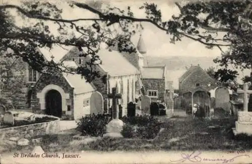 Ak St. Brélade Kanalinsel Jersey, St Brelades Church, historische Kirche, Friedhof