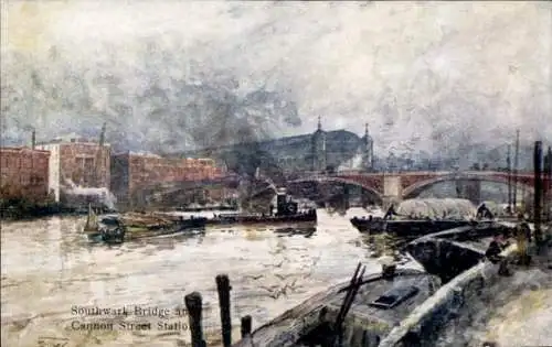 Ak Southwark London England, Southwark Bridge, Cannon Street Station, Wasserway, Schiffe