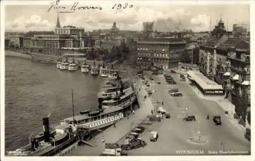 Ak Stockholm Schweden, Südliches Blasicholmshamnen, Schiffe, Stadtansicht, Autos, 1930