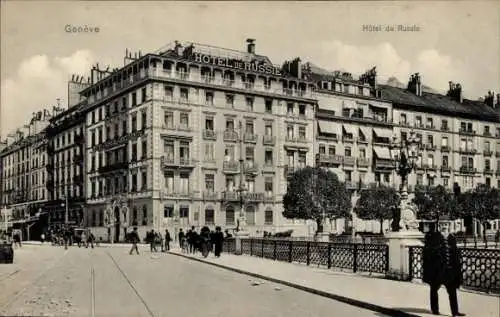 Ak Genf Stadt Schweiz, Hotel de Russie, Straßenansicht, Menschen, Architektur